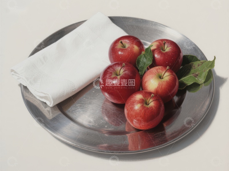 高清大图下载【趣麦麦图】银盘上的红苹果与白布