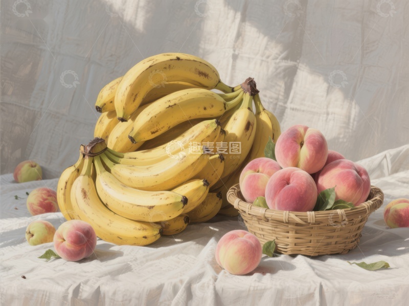 高清大图下载【趣麦麦图】香蕉与桃子的静物组合
