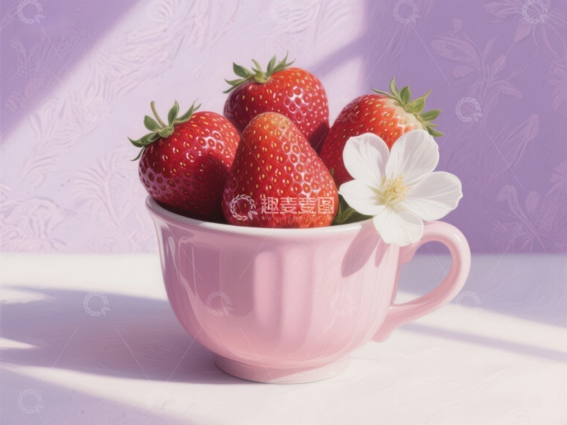 高清大图下载【趣麦麦图】粉色杯中的草莓与白花
