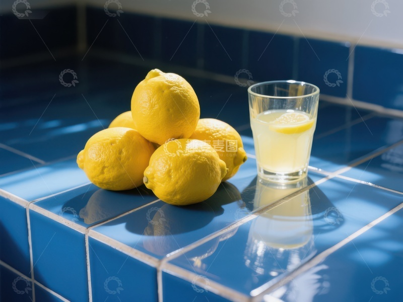高清大图下载【趣麦麦图】蓝瓷砖上的柠檬与柠檬水