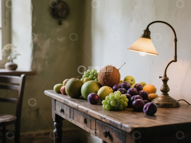 高清大图下载【趣麦麦图】复古台灯下的水果静物