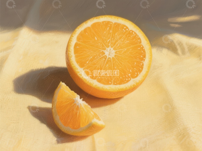 高清大图下载【趣麦麦图】切开的橙子在黄色布上的特写