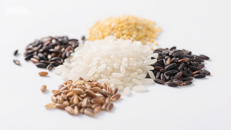 高清大图下载【趣麦麦图】多种谷物展示：大米、黑米与小米