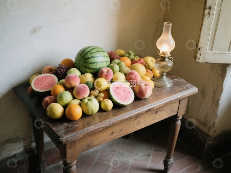 高清大图下载【趣麦麦图】木桌上的水果与油灯