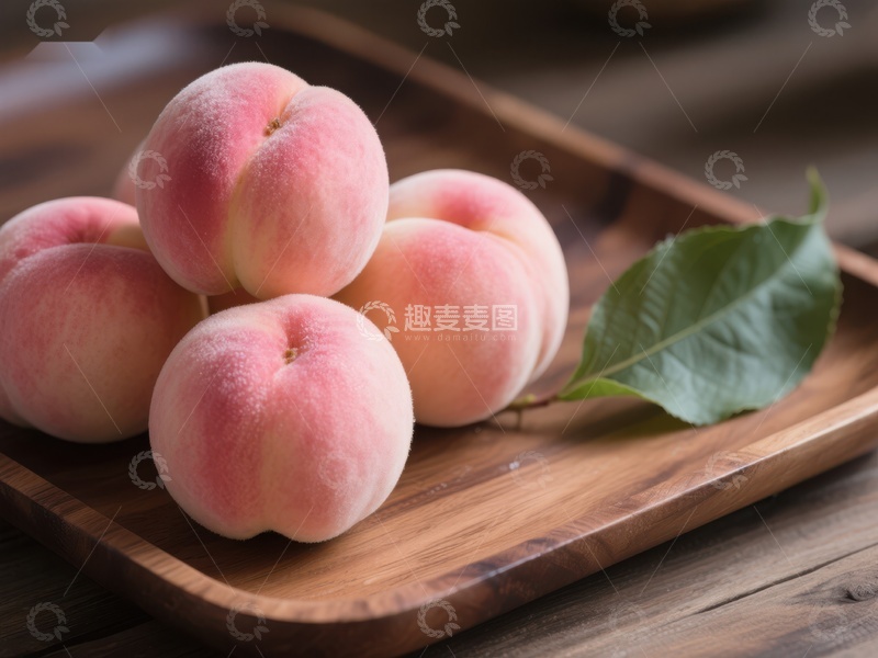 高清大图下载【趣麦麦图】新鲜桃子置于木质托盘
