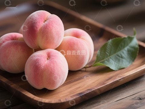 新鲜桃子置于木质托盘