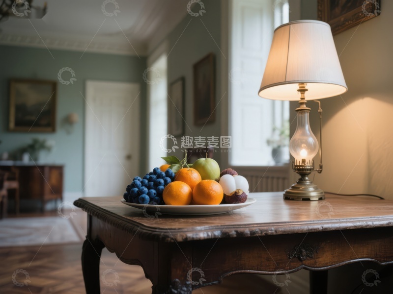 高清大图下载【趣麦麦图】复古客厅中的水果与台灯
