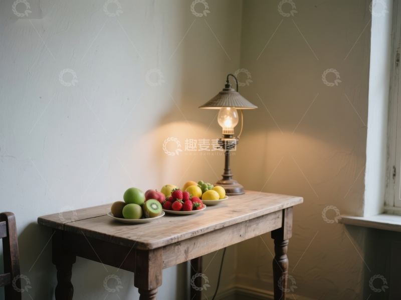 高清大图下载【趣麦麦图】木质桌上的水果与复古台灯