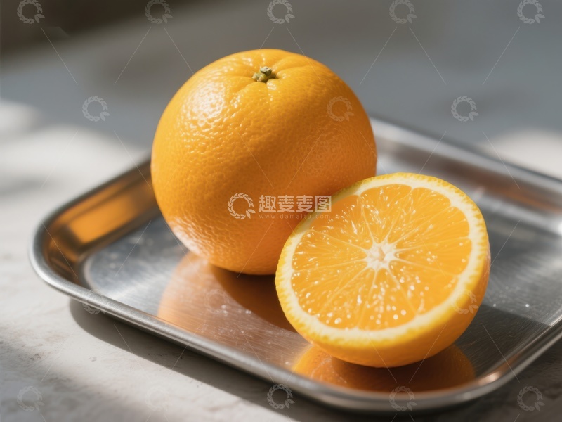 高清大图下载【趣麦麦图】新鲜橙子切半置于金属托盘