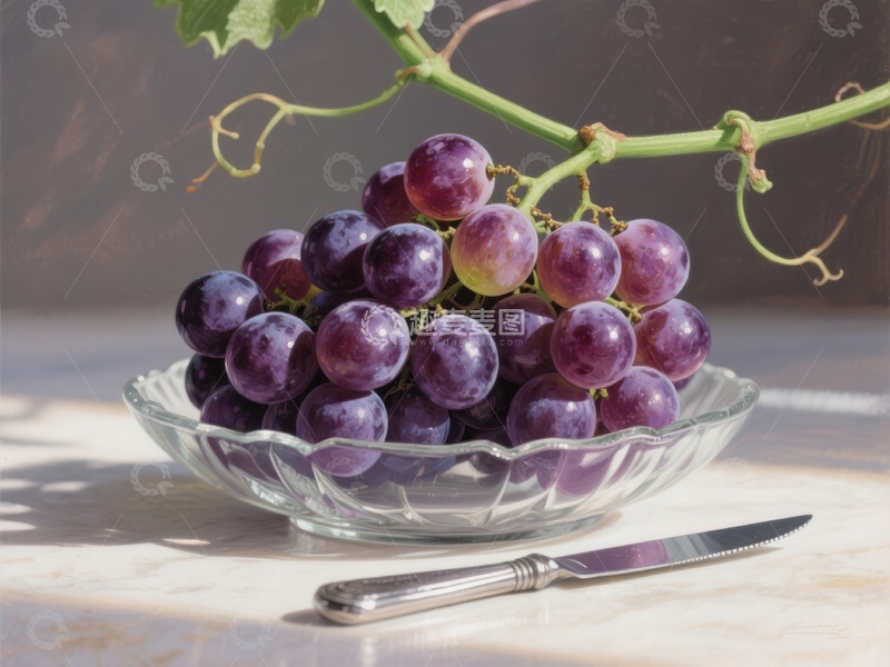 高清大图下载【趣麦麦图】葡萄静物：透明碗中的紫葡萄与绿藤