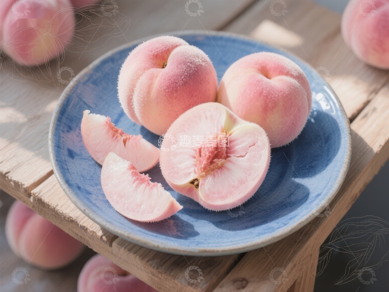 高清大图下载【趣麦麦图】新鲜桃子切片展示在蓝色盘中
