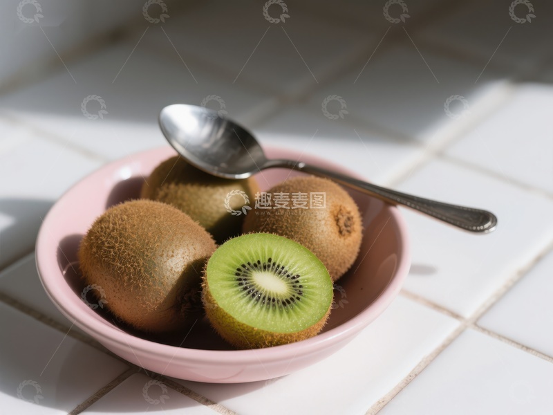高清大图下载【趣麦麦图】粉色碗中的猕猴桃与勺子