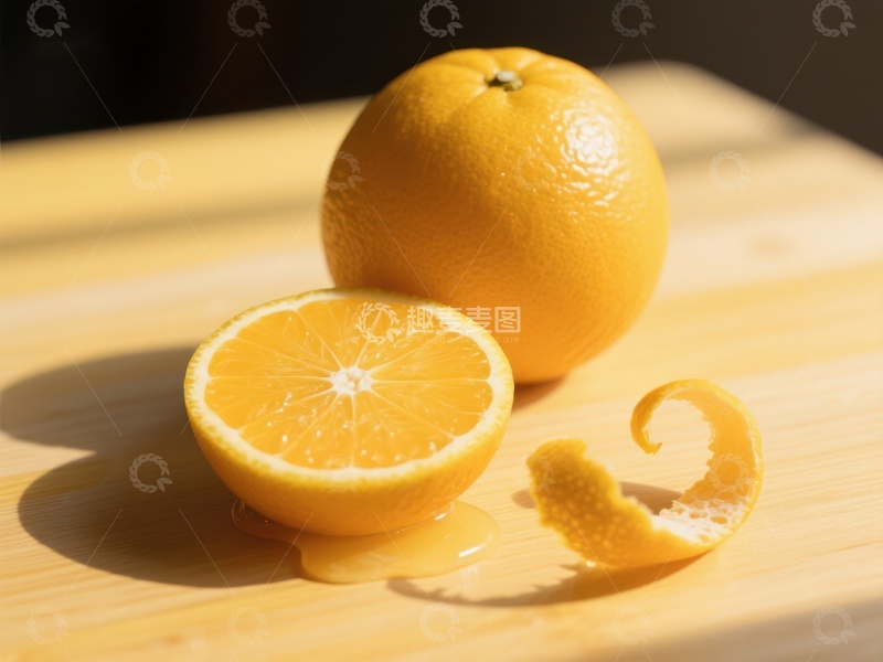 高清大图下载【趣麦麦图】新鲜橙子与果皮，阳光下的美味
