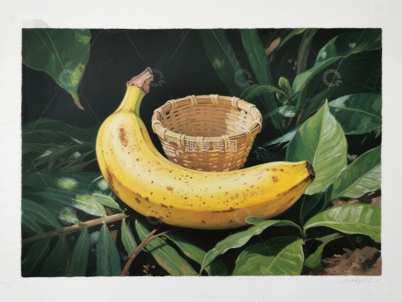 高清大图下载【趣麦麦图】香蕉与竹篮的静物画