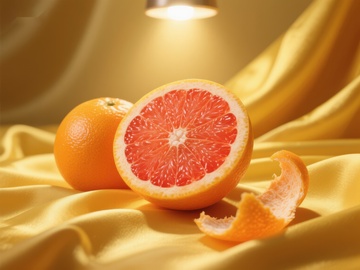 切开的葡萄柚与黄色绸布