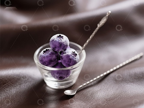 蓝莓冰淇淋球置于透明小碗中