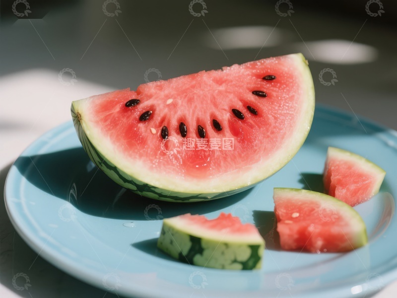 高清大图下载【趣麦麦图】切片西瓜置于蓝色盘中