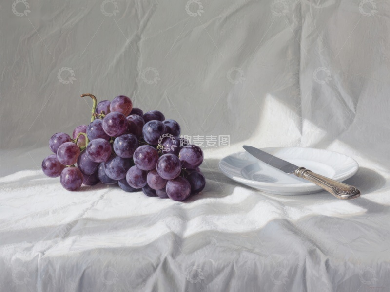 高清大图下载【趣麦麦图】葡萄与刀具的静物组合
