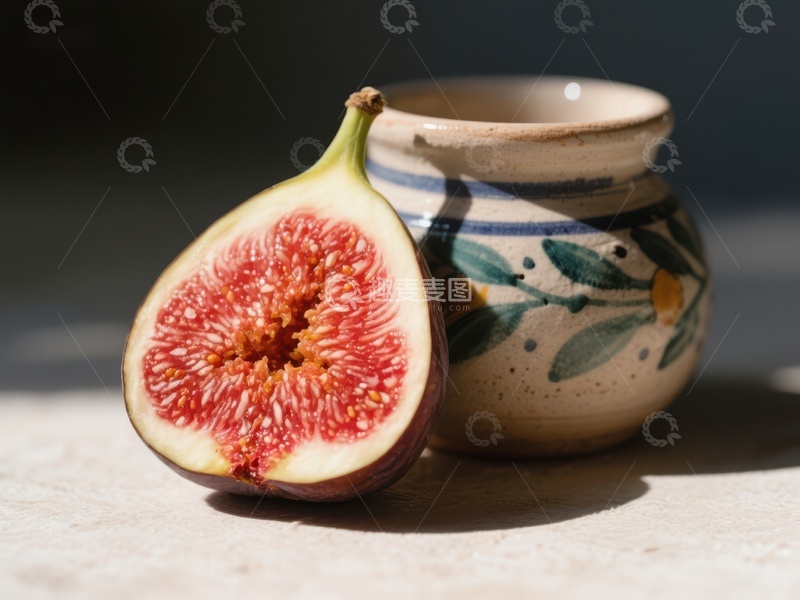 高清大图下载【趣麦麦图】切开的无花果与陶瓷罐