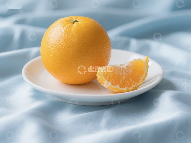 高清大图下载【趣麦麦图】橙子与切片置于白色盘上