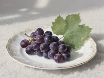 盘中紫葡萄与绿叶