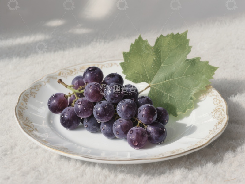 高清大图下载【趣麦麦图】盘中紫葡萄与绿叶