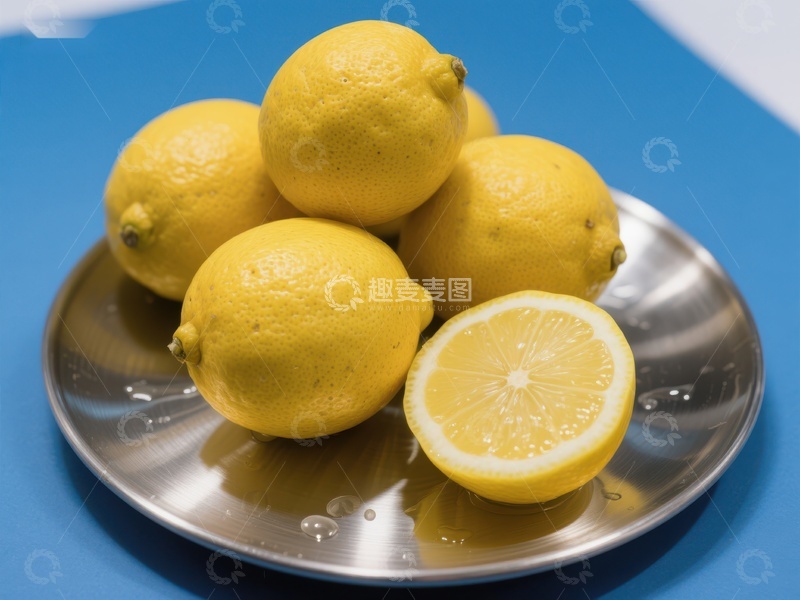 高清大图下载【趣麦麦图】新鲜柠檬置于金属盘中