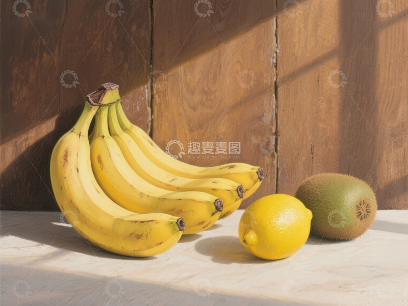 高清大图下载【趣麦麦图】香蕉、柠檬与猕猴桃的静物组合