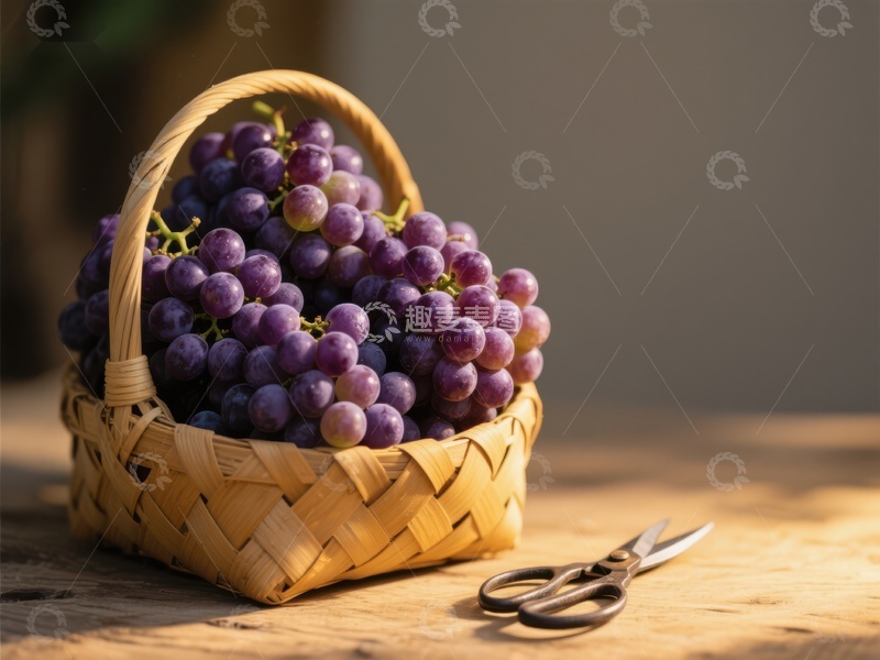 高清大图下载【趣麦麦图】篮子里的紫葡萄与剪刀