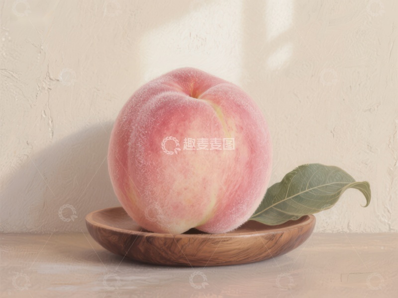 高清大图下载【趣麦麦图】桃子置于木质碟中，配以绿叶点缀