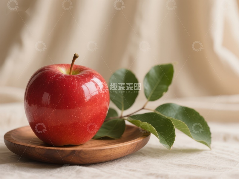 高清大图下载【趣麦麦图】红苹果与绿叶置于木盘