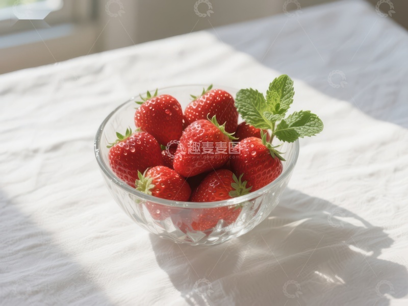 高清大图下载【趣麦麦图】新鲜草莓盛于透明碗中