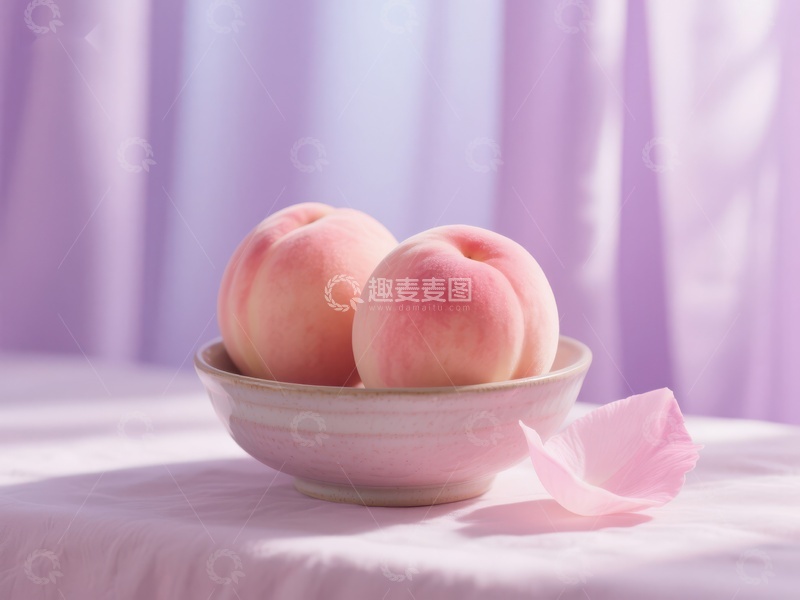 高清大图下载【趣麦麦图】碗中新鲜桃子，柔和紫色背景