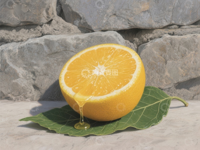高清大图下载【趣麦麦图】切开的橙子滴汁，置于绿叶之上