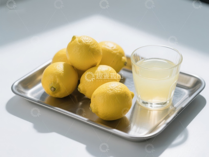 高清大图下载【趣麦麦图】柠檬与柠檬水置于金属托盘