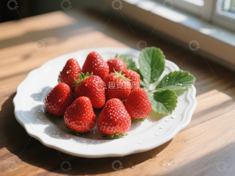 高清大图下载【趣麦麦图】新鲜草莓置于白色盘中，阳光洒落