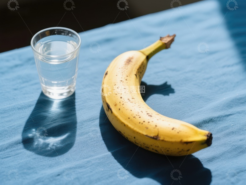 高清大图下载【趣麦麦图】香蕉与水杯置于蓝色布上