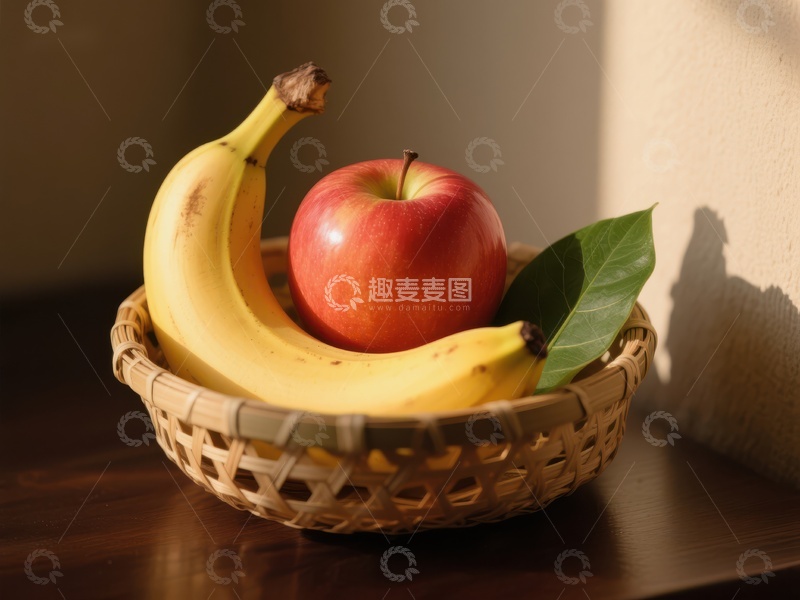 高清大图下载【趣麦麦图】竹篮中的香蕉与苹果