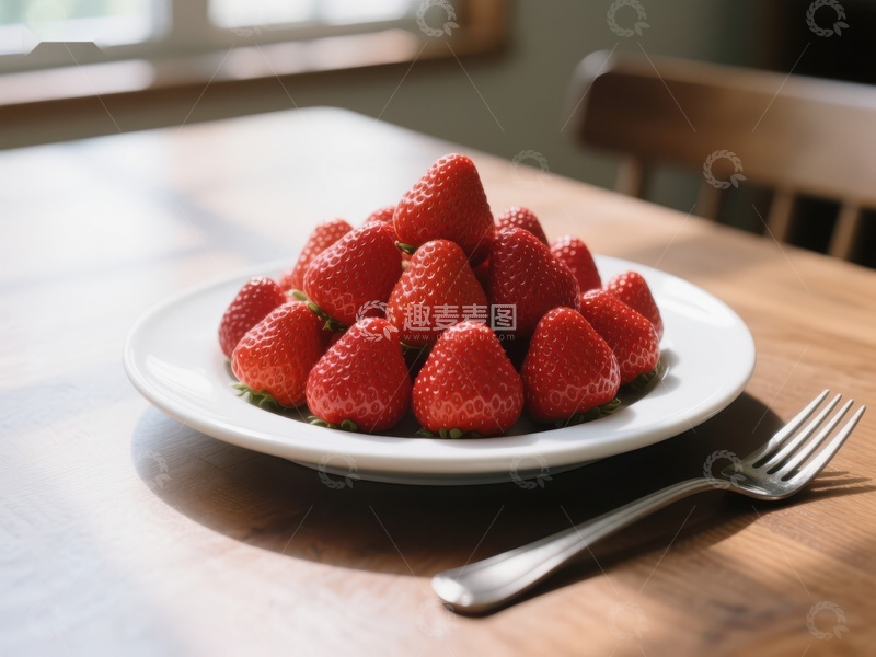 高清大图下载【趣麦麦图】新鲜草莓盛放在白色盘子上