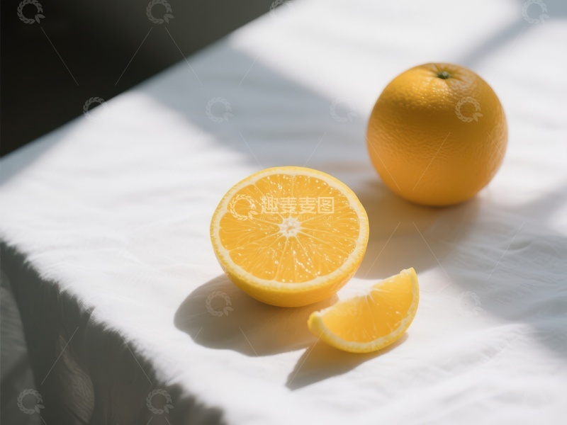 高清大图下载【趣麦麦图】新鲜橙子与切片，阳光下的静物