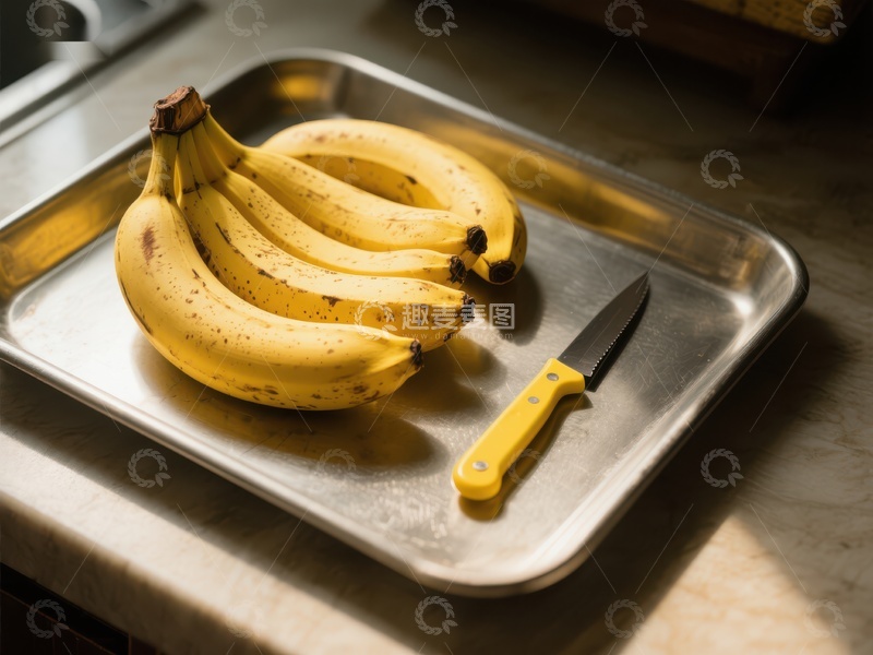 高清大图下载【趣麦麦图】金属托盘上的香蕉与黄色手柄刀
