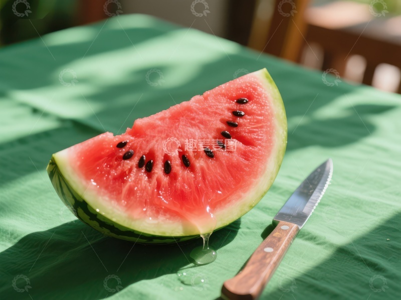 高清大图下载【趣麦麦图】切开的西瓜与刀具置于绿色桌布上