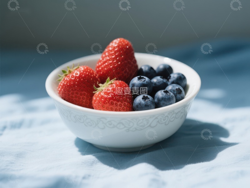 高清大图下载【趣麦麦图】草莓蓝莓盛于白色瓷碗