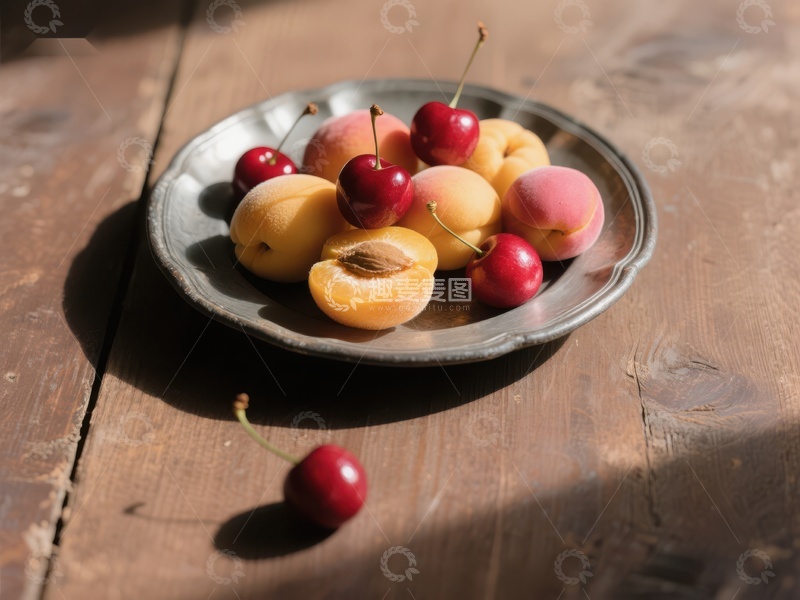 高清大图下载【趣麦麦图】盘中樱桃与杏子静物