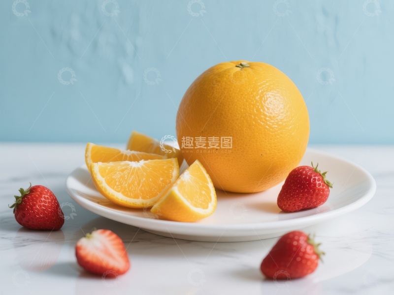 高清大图下载【趣麦麦图】新鲜橙子与草莓的静物组合
