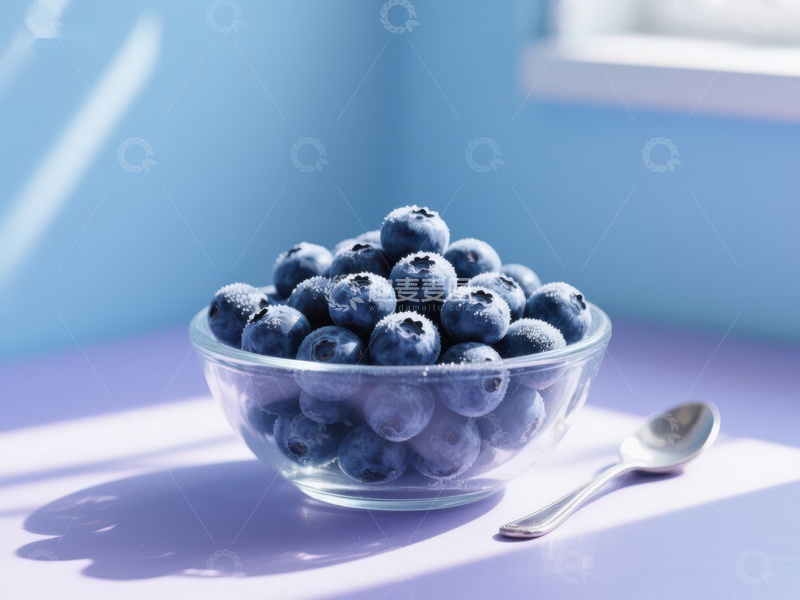 高清大图下载【趣麦麦图】蓝莓盛于透明碗中，置于窗边