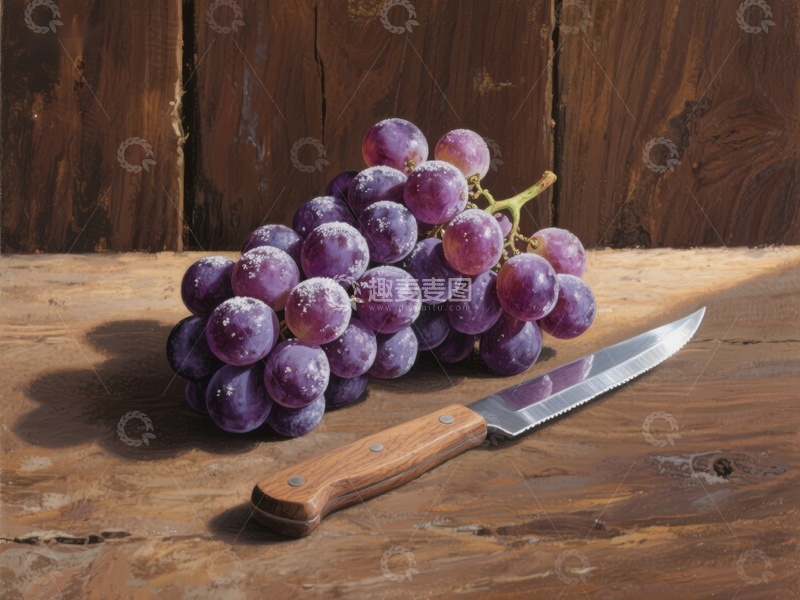 高清大图下载【趣麦麦图】葡萄与刀具的静物组合