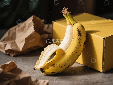 剥开的香蕉与黄色纸箱