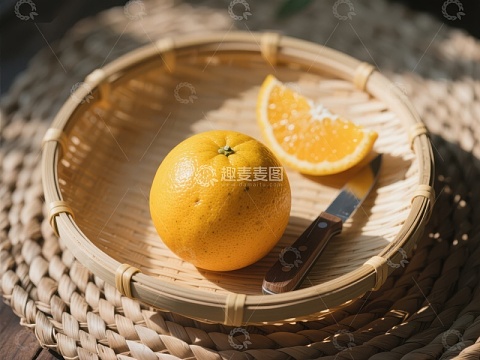 竹篮中的橙子与刀片