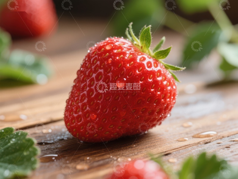 高清大图下载【趣麦麦图】新鲜草莓特写，木质背景
